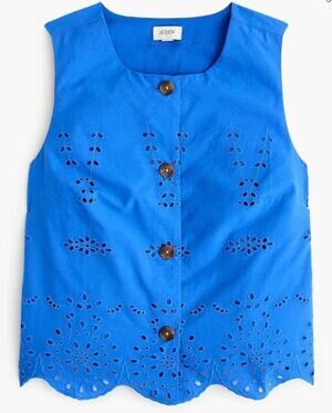 J Crew Eyelet Shell Tank M NWT Blue Top CU691 Floral Coastal Nautical